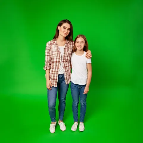 Adult woman and a girl , modest clothing , not touching any object , full body visible