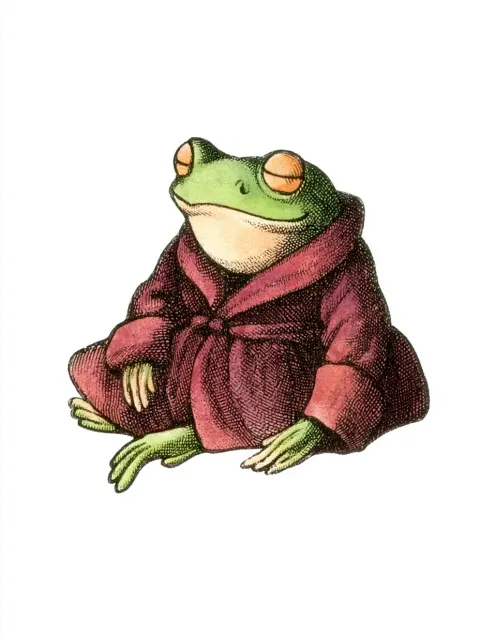 Anthropomorphic frog dressed as a Victorian gentleman, wearing a cozy robe in deep red tones