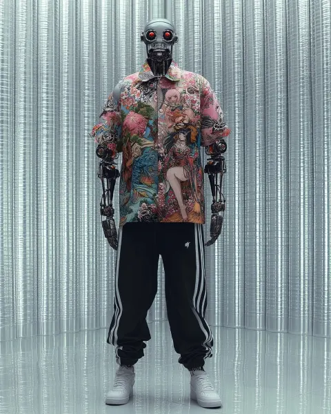 Mansueto x Stüssy robot fashion campaign ad, in the style of asymmetrical balance