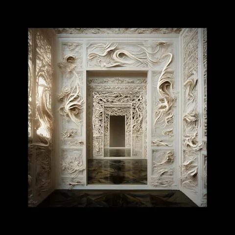 Impressionist painting of an Ornate Qing dynasty interior doorway in white, one point perspective