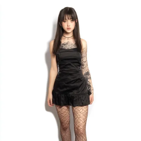 Woman, standing, white background, facing the camera, portrait. Pastel Goth