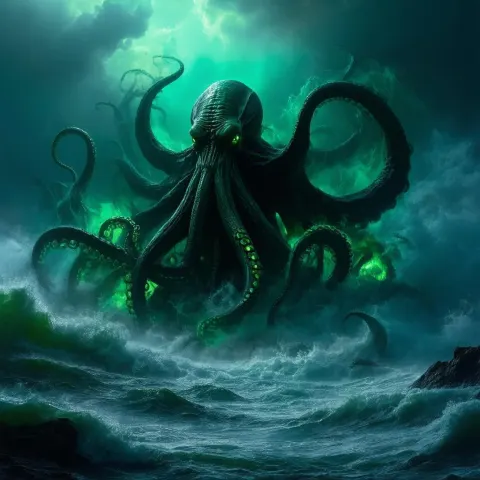Cthulhu Rising From the Turbulent Midnight Sea