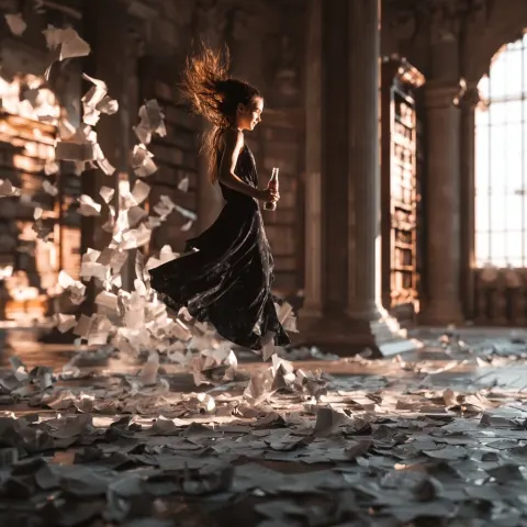 Cinematic classical library, floating woman, flying papers, holding coca cola bottle