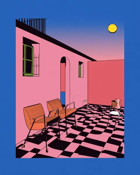 Pink on blue: Soft gradients and bold lines