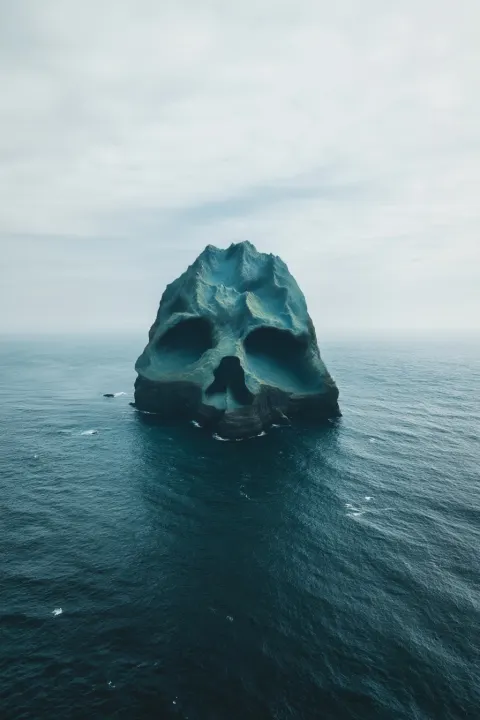 Photo, drone shot over ocean, a vast island is thrusting up out the sea