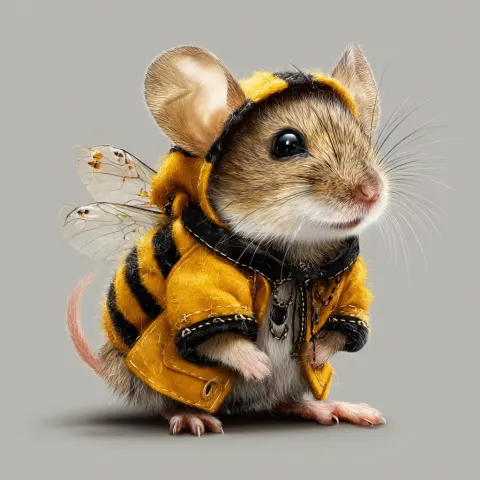A cute mouse dressed as a bumblebee