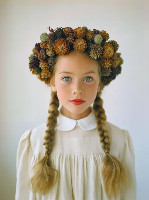 Hel kropp, wide angle, Fine art porträtt på en flicka 10 år med fräknar och två tjocka långa flätor