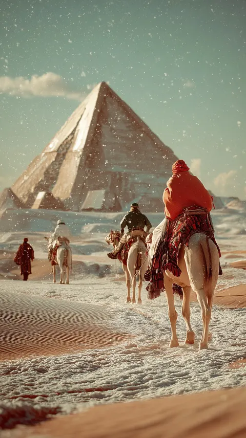 : a snow falling down on desert and Egyptian pyramides, there is sand and snow on the ground