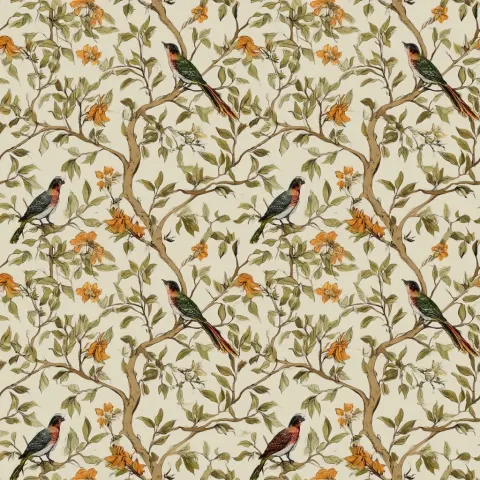 Seamless repeating pattern of exotic birds perched on elegant branches with leaves and tropical flow