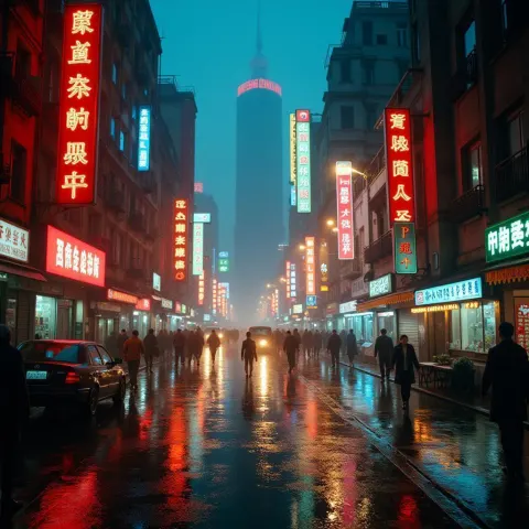 Shanghai Rain Soaked Streets by Neon Light