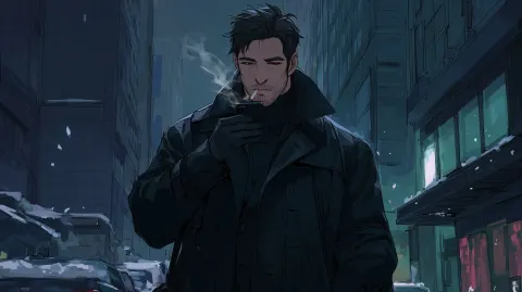 Anime style, high quality, 4k, moody noir, male, close up, smoking, light brown hair, black coat
