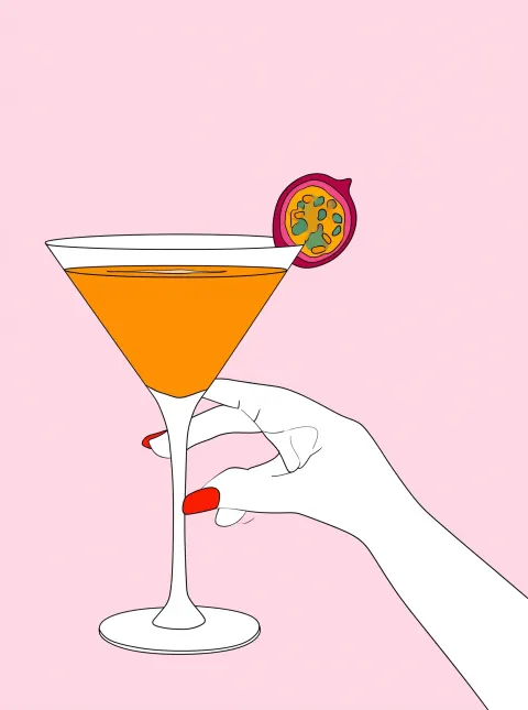 Whimsical food illustration of a white woman's hand with red nails
