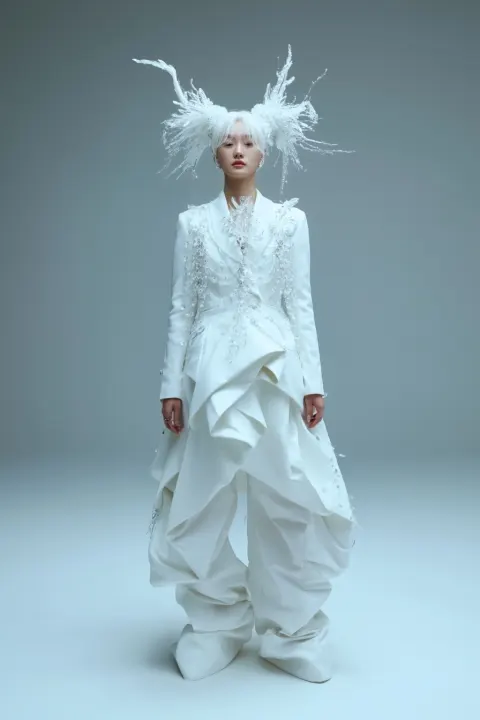 20-year-old Korean female ex-idol oracle, full body, facing front, pure white hair