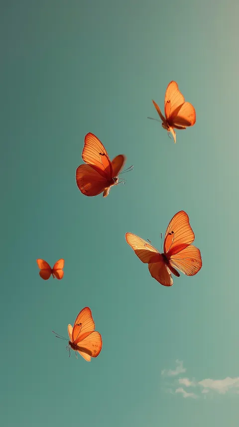 4 small pretty butterflies flying around against a light blue sky