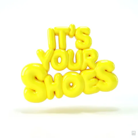 3D letter "IT'S YOUR SHOES" in kawaii style, lemon yellow color, glossy, rounded, cartoonish