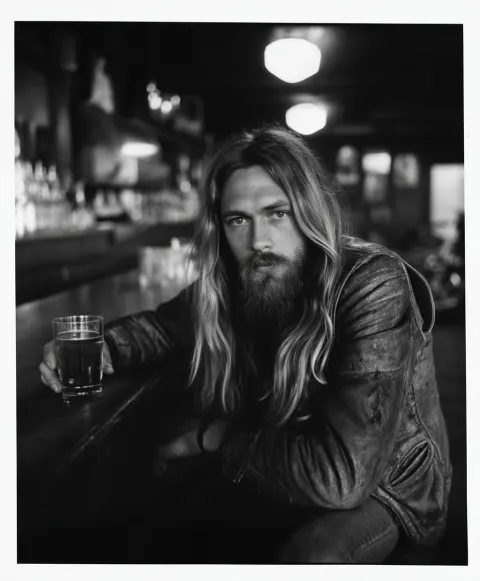 California, 1965, a hairy hells angel, straggly beard