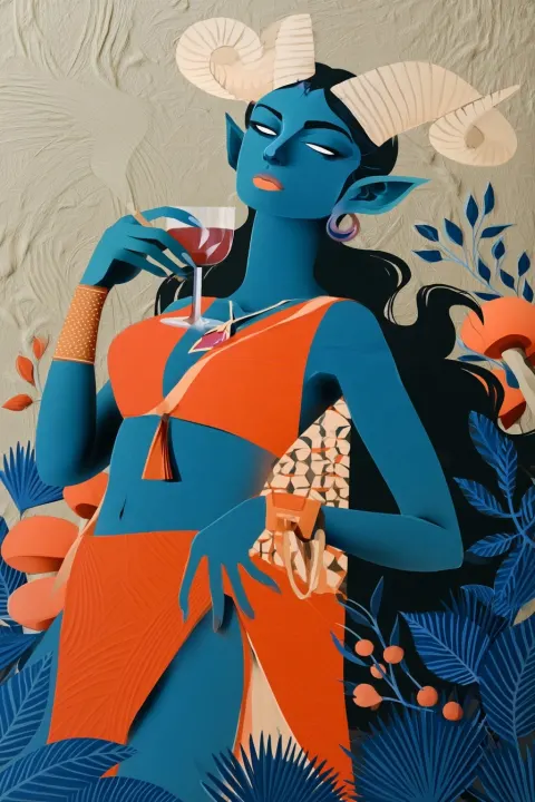 A demoness with blue skin, large horns, white eyes, Her attitude is visibly lazy and nonchalant