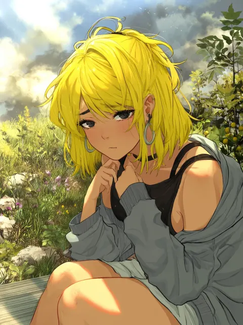 Anime girl with messy yellow hair, tired black eyes, beauty mary, lower eyelashes