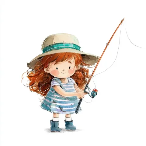Cute little fisherman girl toddler, viewed from above, view of top of his hat, and legs