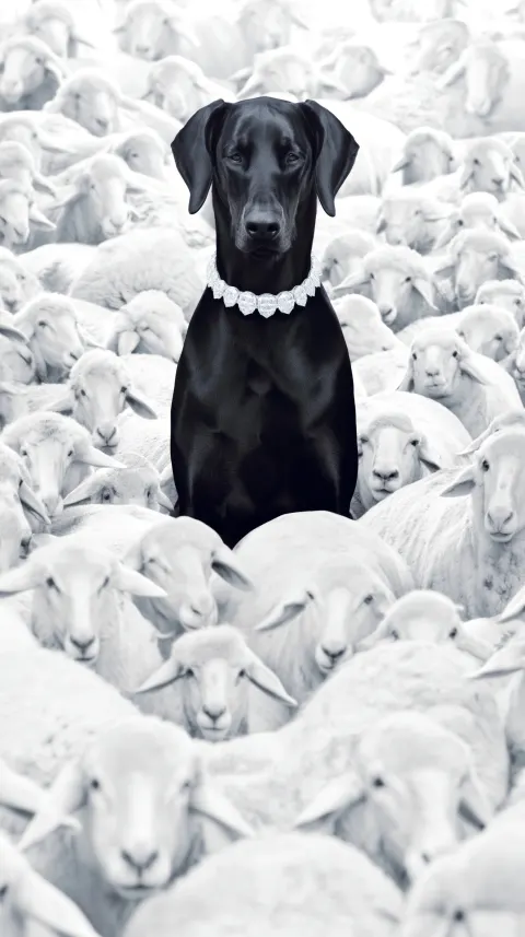 Doberman in Diamonds Surrounded by White Sheep