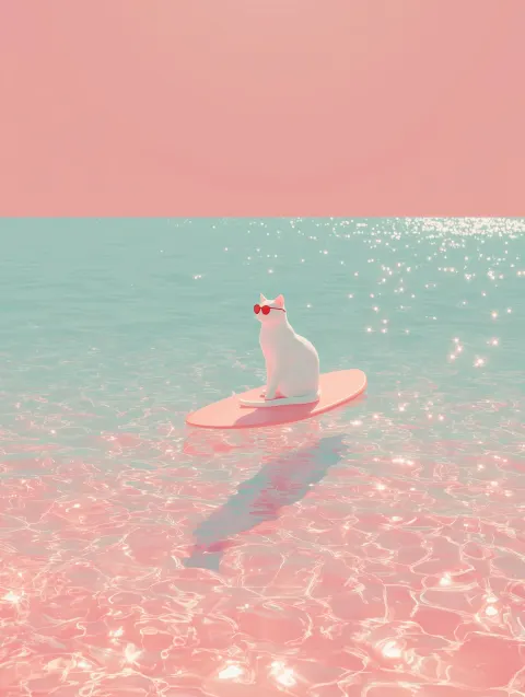 Cat on surfboard, turqoise water, sunglasses, Minimalist, flat design, vector art, 2D cartoon