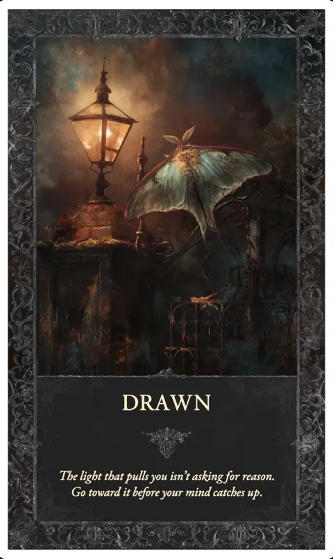Oracle card design, vertical format. A luna moth perched on a wrought iron gate at dusk