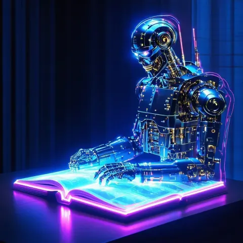 Neon Terminator Emerging From a Holographic Book
