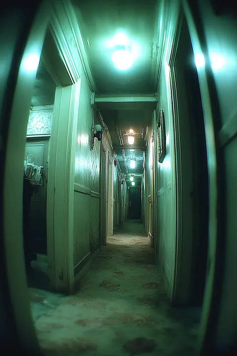 An extreme fisheye photograph of a completely deserted, dimly lit hallway in an old building