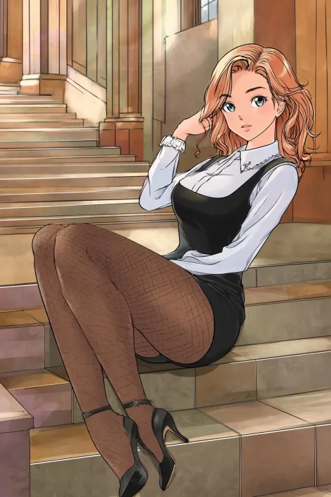 Anime style, lovely delicate European woman, wearing sheath line short pinafore dress and Russell st
