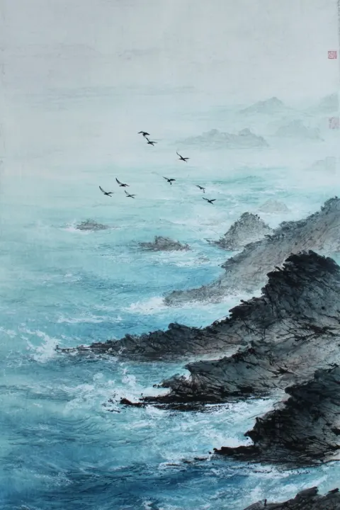 A simple ink painting of the sea, with waves crashing against rocks and seagulls flying in the sky.