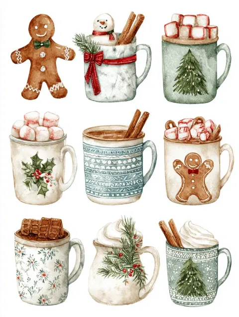 A collection of cozy watercolor Christmas mugs, each uniquely decorated with seasonal elements