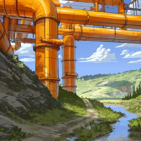 Bright metal pipes. Video game style.