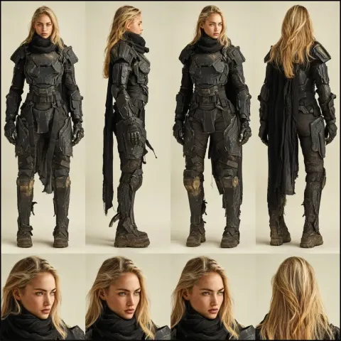Battle-hardened 21-year-old woman, athletic powerful build, long blonde hair ang light gray eyes