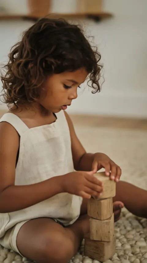 A child around three years old with warm beige skin and loose curly hair wearing a soft cream linen