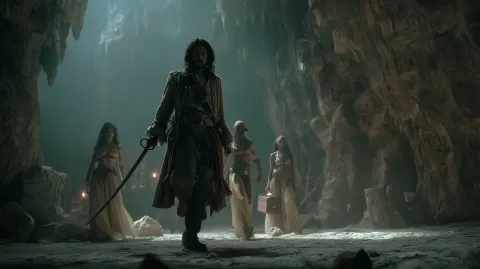 A battle-ready 25-year-old pirate advancing cautiously through a dimly lit cave