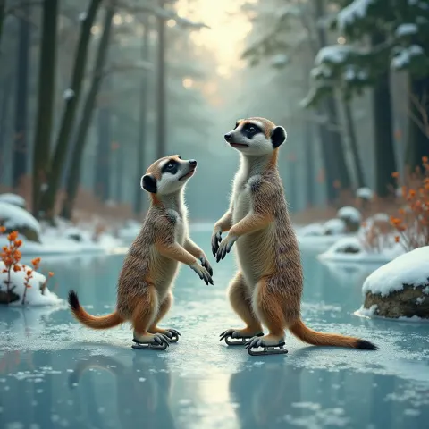 Meerkats Ice Skating on a Crystalline Fairy Pond
