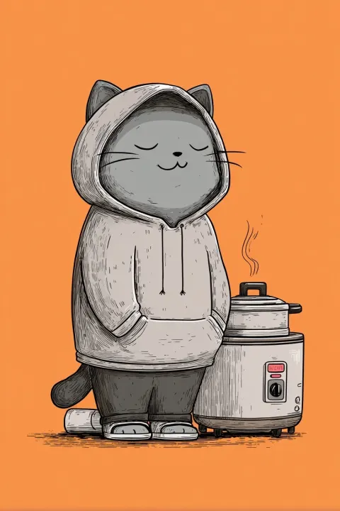 Funny satisfied cat in hoodie stays next to multicooker, simple cartoon style