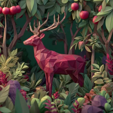 The deer in tropical forest in theme of red cherry , violet
