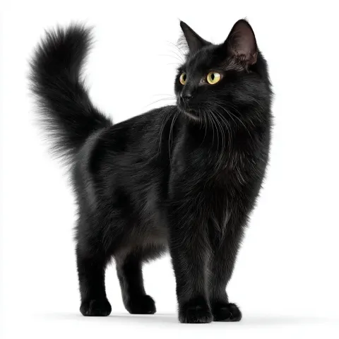 Side shot of black cat, full body, white background, photo