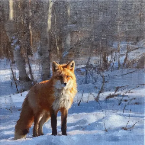 A red fox in a snowy forest, oil painting