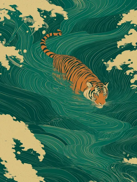 Japanese ukiyo-e style illustration, single tiger swimming through flowing water