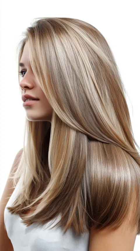 Mujer con corte largo en capas, técnica contouring hair, tonos rubios y cenizos