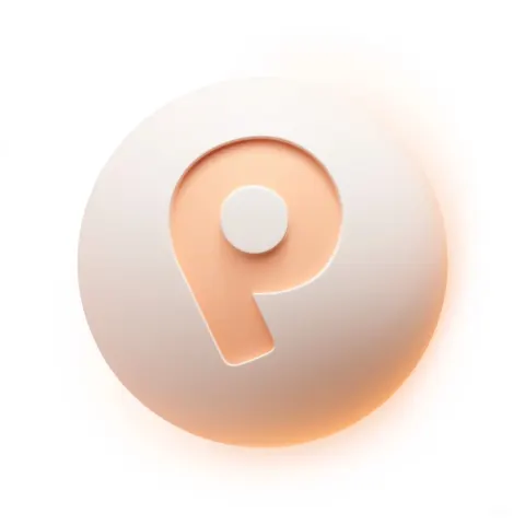 An iOS app launcher icon, a soft matte 3D sphere with an engraved lowercase letter "p". The sphere i