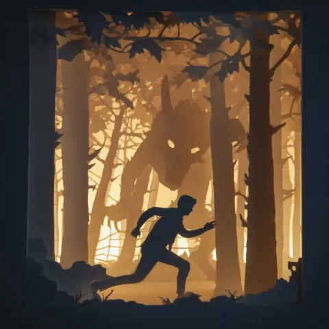 A silouette of paper cutout man running from a monster