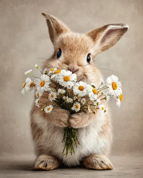 A cute bunny holds a bouquet of daisies in its paws