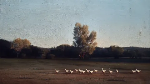 Small flock of birds on ground, quiet field, soft light, Barbizon natural mood