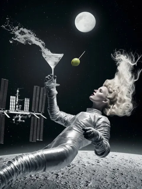 A vogue magazine cover in space, a beautiful platinum blonde model floats weightless in space near t