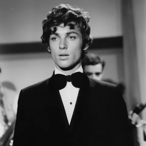 A french singer in the sixties, tigh black suit, yeye hair, dandy