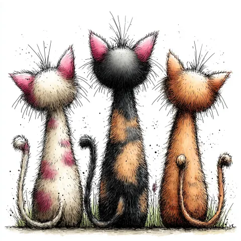 37. 🐱 Three Cats Back View Looking Up Three different cats seen from behind all looking upward at s