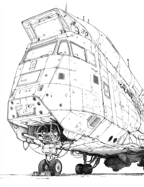 Coloring page line art, battered frontier shuttle spacecraft, utilitarian transport, worn paint
